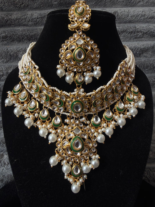 Heritage Emerald Kundan Bridal Necklace Set – Premium Multi-Strand Pearls