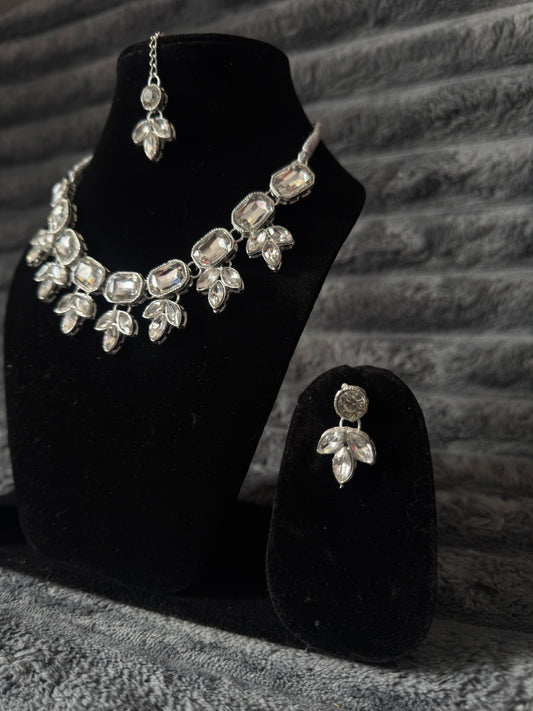 Silver Mirror Kundan Jewellery Set (Necklace + Earrings + Maangtikka)