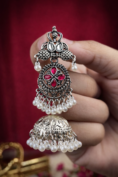 Antique Silver Finish Ruby Jhumka with Pearls
