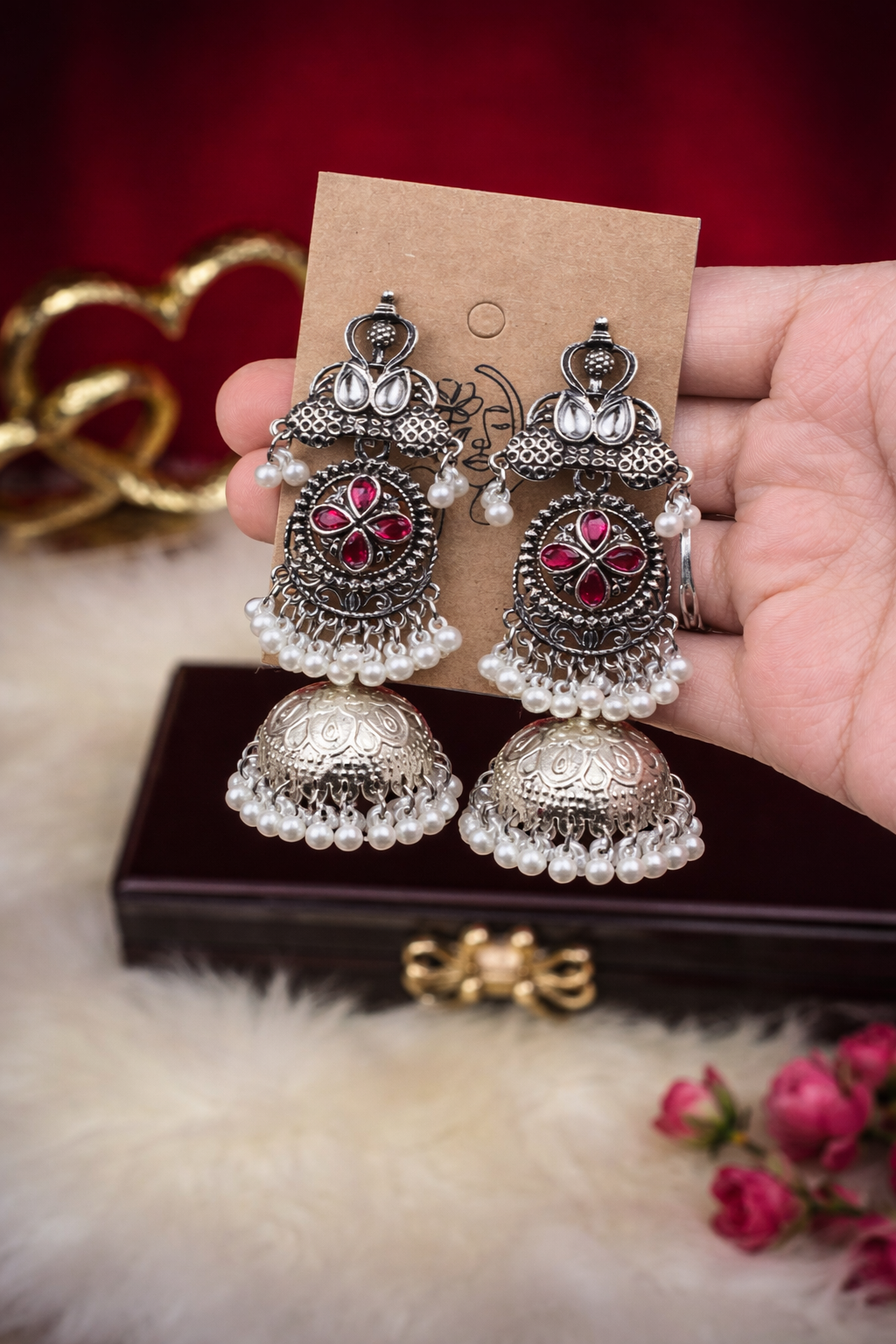 Antique Silver Finish Ruby Jhumka with Pearls