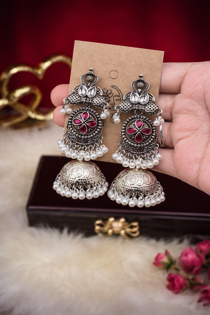 Antique Silver Finish Ruby Jhumka with Pearls