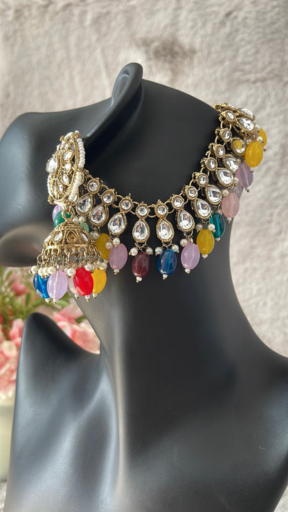 Multicolour Kundan Jhumka Earrings with Ear Chain