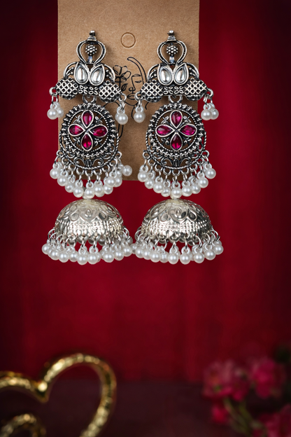 Antique Silver Finish Ruby Jhumka with Pearls