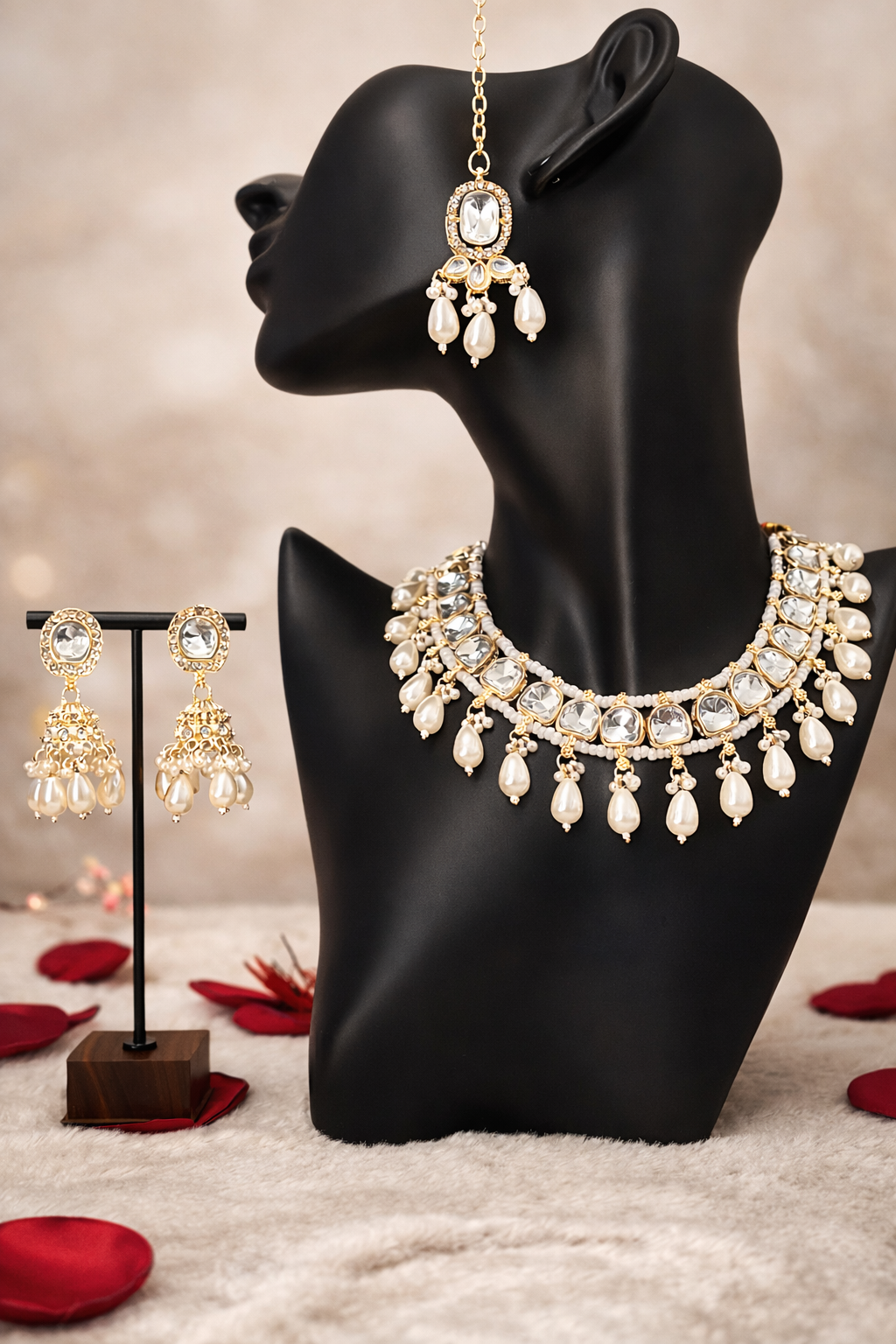 Elegant Pearl Choker Necklace Set with Matching Earrings & Maang Tikka