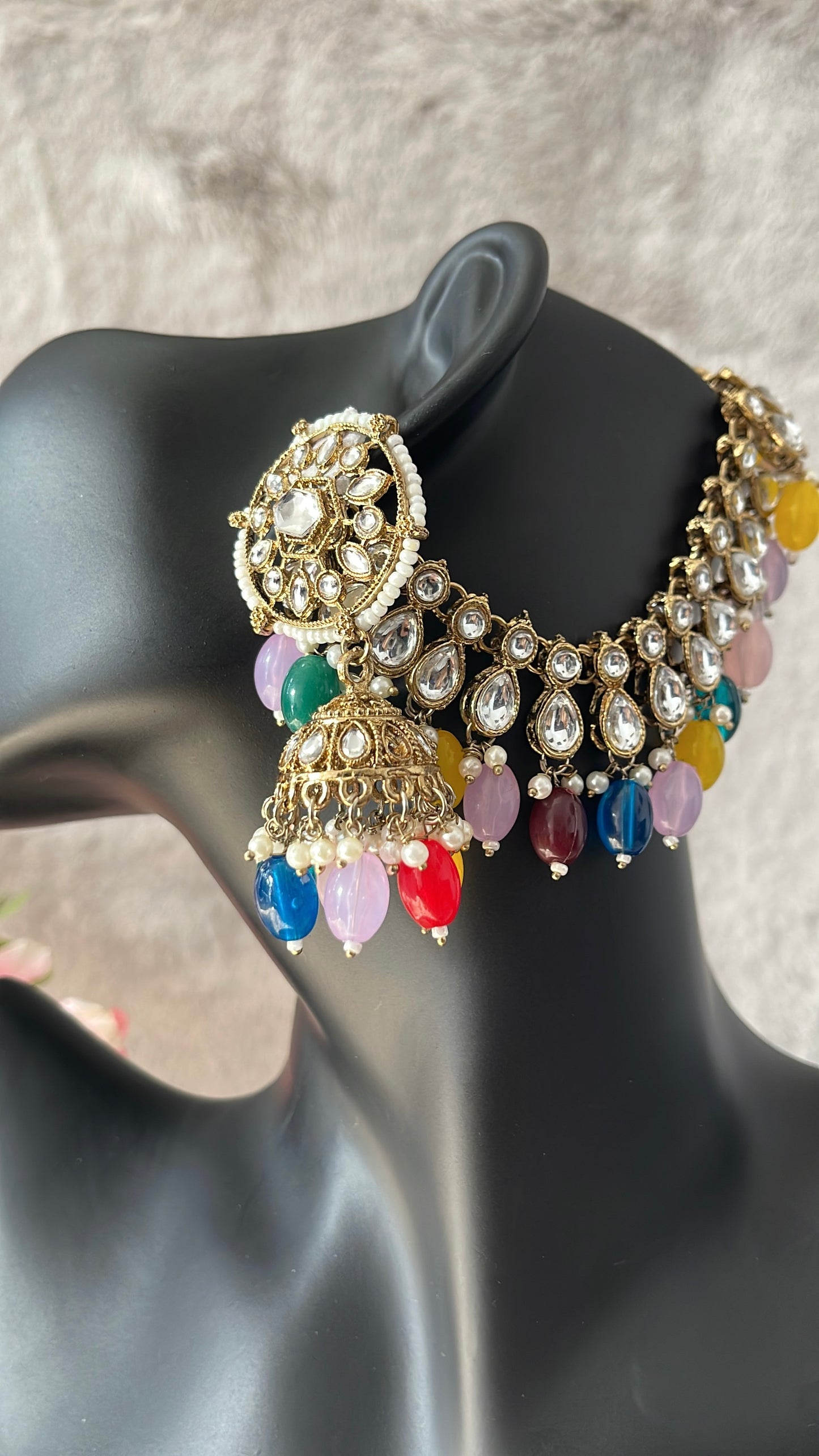 Multicolour Kundan Jhumka Earrings with Ear Chain