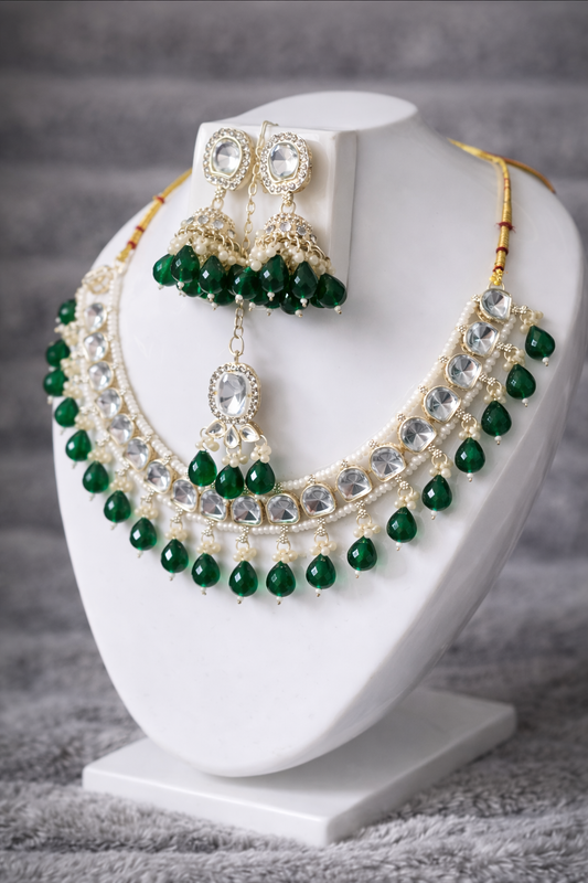 Emerald Green Drop Kundan Necklace Set