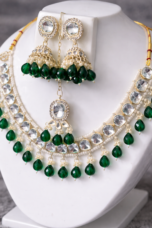 Emerald Green Drop Kundan Necklace Set