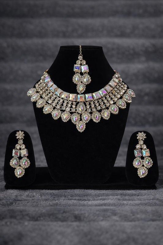 Holographic Stone Bridal Set – Premium Mirror Shine Necklace, Earrings & Maangtikka