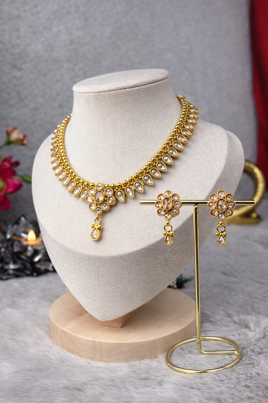 1gm Gold Plated Polki Drop Necklace Set