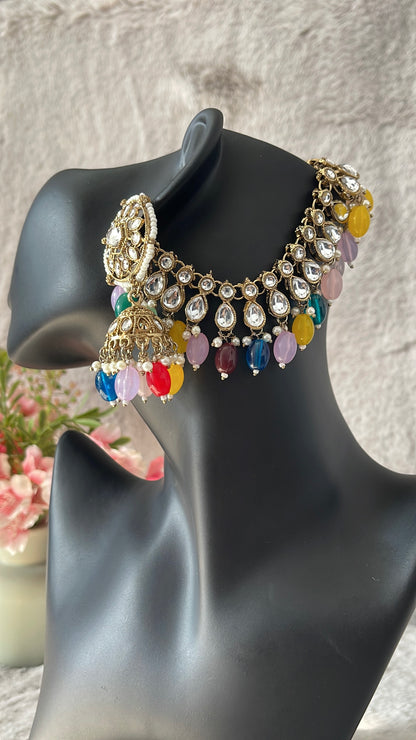 Multicolour Kundan Jhumka Earrings with Ear Chain