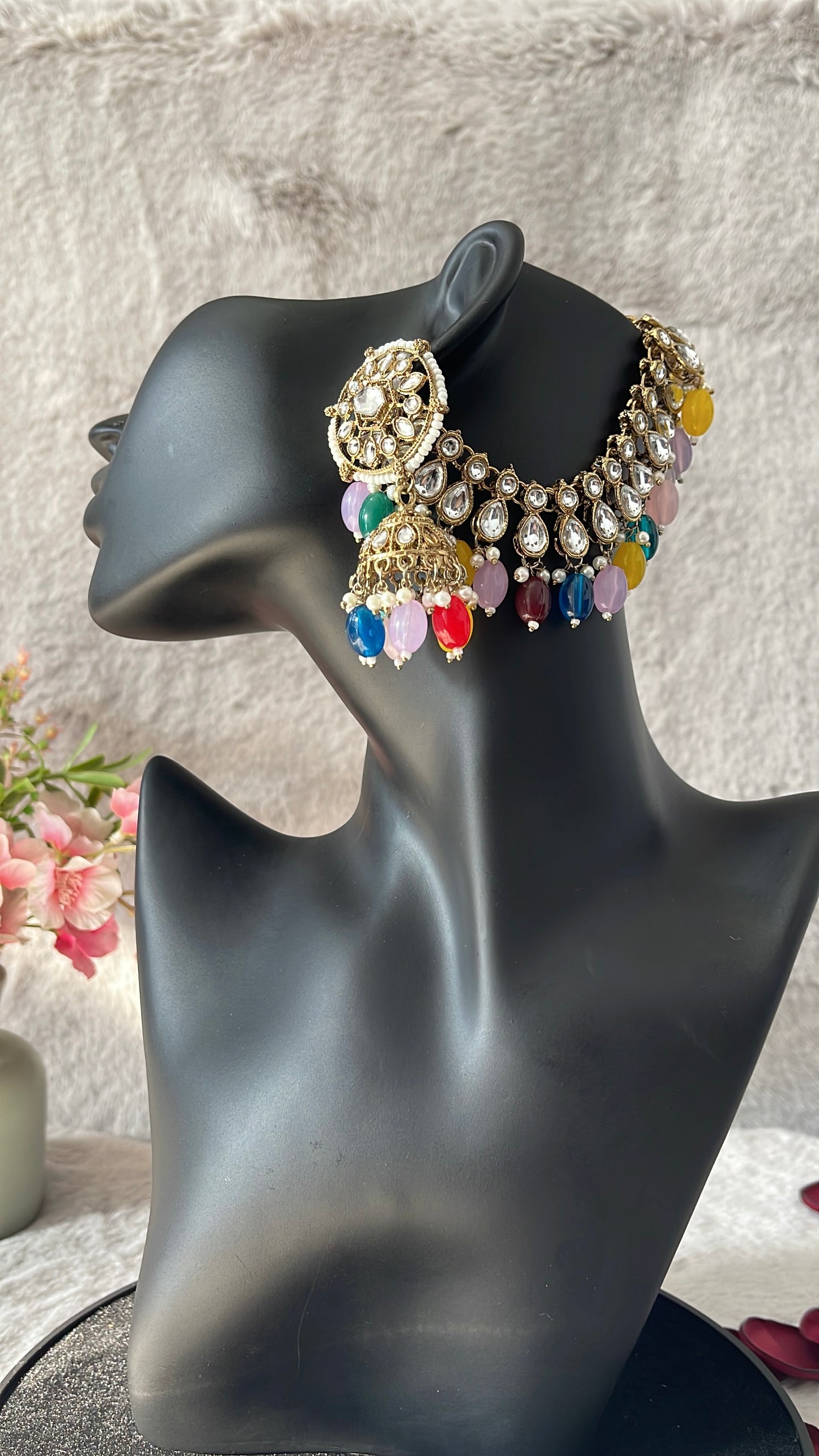 Multicolour Kundan Jhumka Earrings with Ear Chain