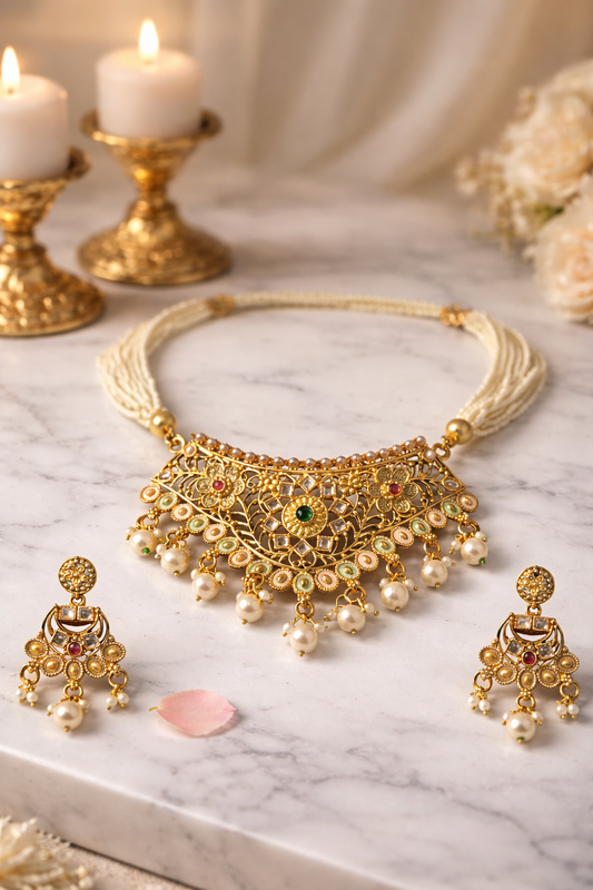 Traditional Kundan Pearl Ranihaar Choker – Premium Wedding Jewellery Set