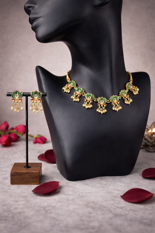 Lotus Meenakari Necklace Set – Festive & Wedding Jewellery