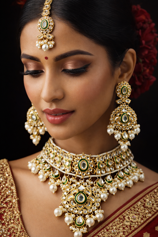 Heritage Emerald Kundan Bridal Necklace Set – Premium Multi-Strand Pearls