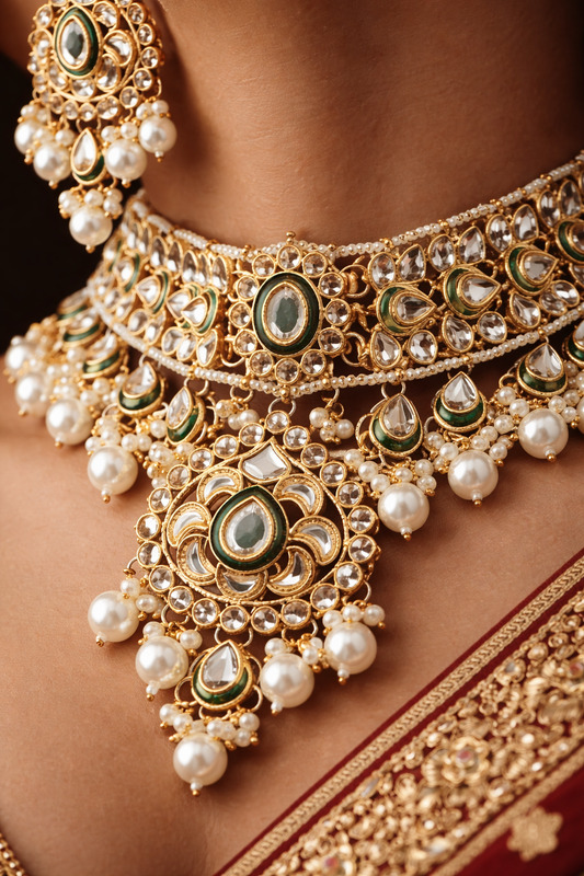 Heritage Emerald Kundan Bridal Necklace Set – Premium Multi-Strand Pearls