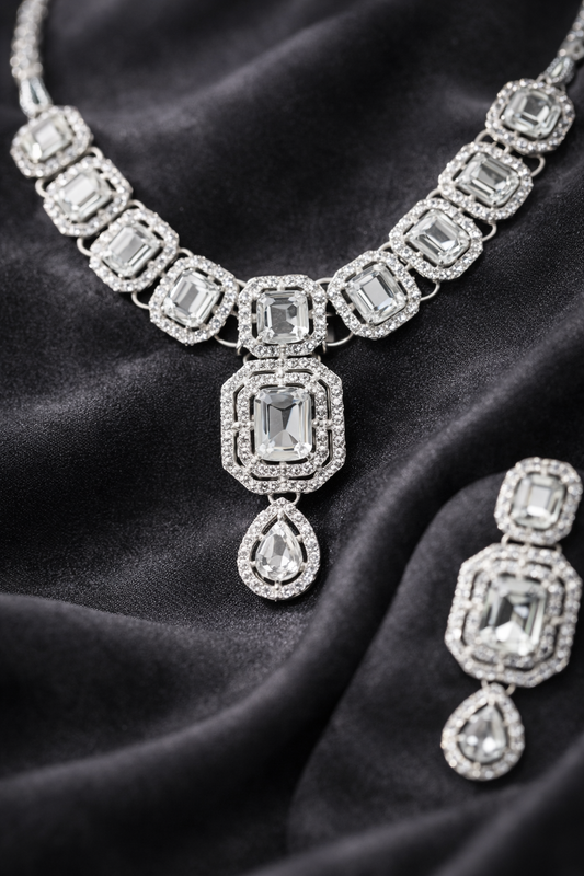 Silver Mirror Kundan Bridal Set (Necklace + Earrings + Maangtikka)