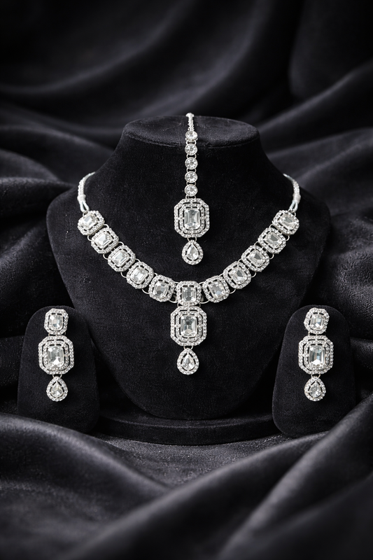 Silver Mirror Kundan Bridal Set (Necklace + Earrings + Maangtikka)