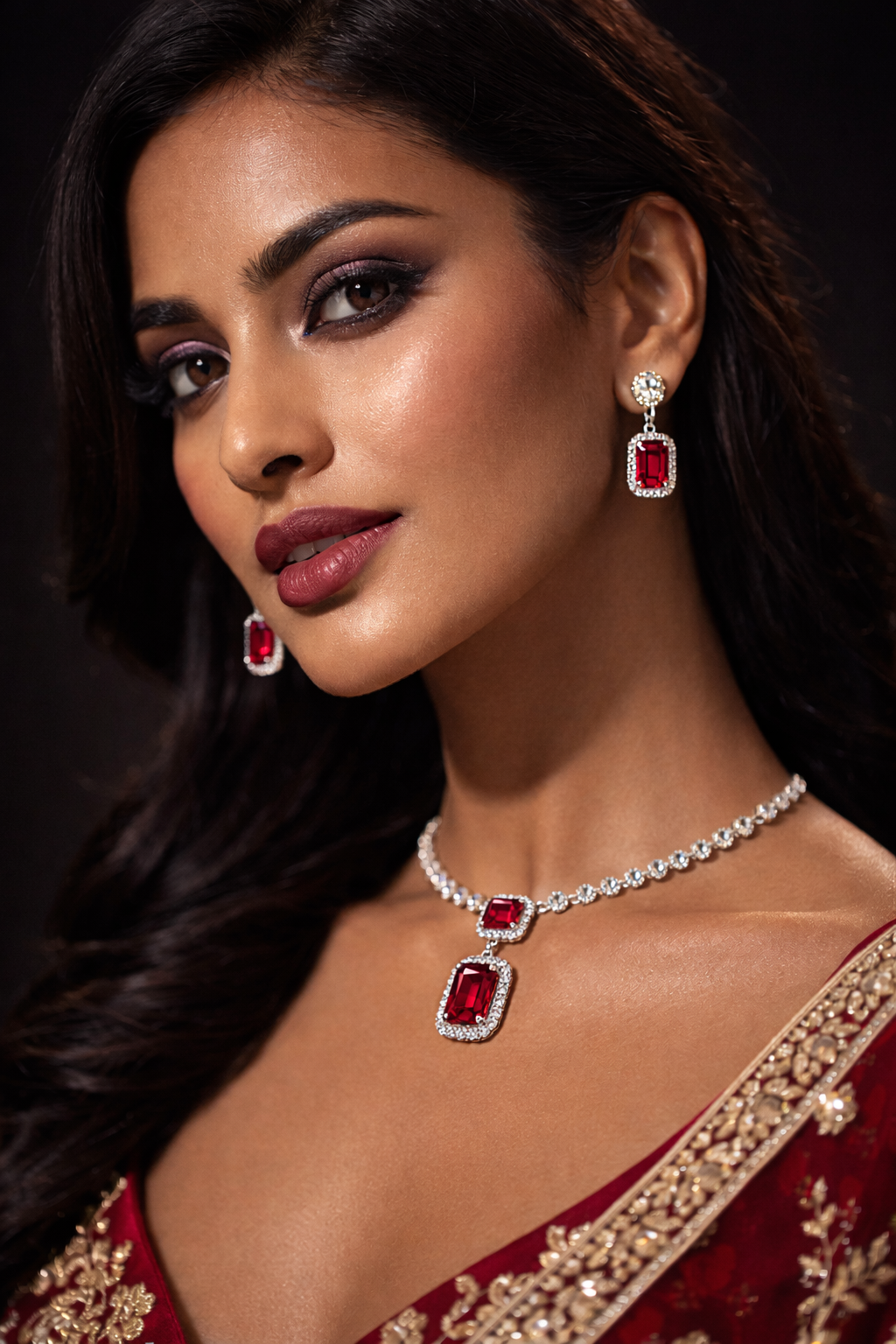 Red Stone Party Wear Necklace Set