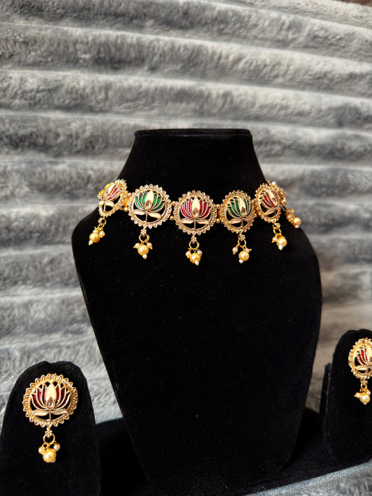 Royal Lotus Meenakari Choker Set – Premium Bridal & Festive Jewellery (With Earrings)