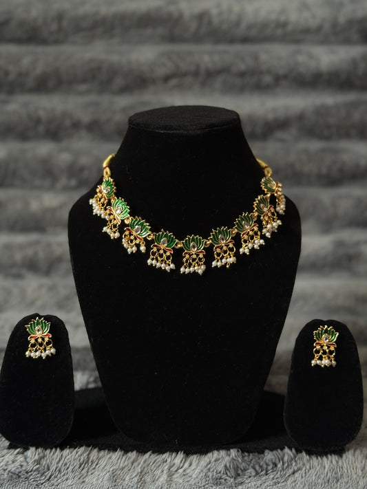 Green Lotus Pearl Necklace Set – Elegant Lightweight Ethnic Jewellery