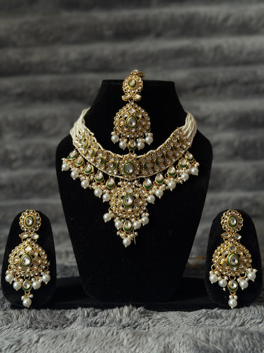 Heritage Emerald Kundan Bridal Necklace Set – Premium Multi-Strand Pearls