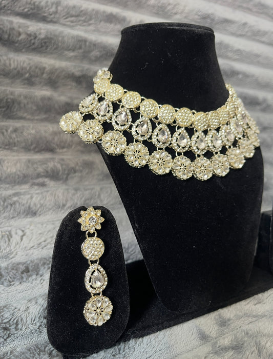 Premium Bridal AD Choker Necklace Set with Earrings