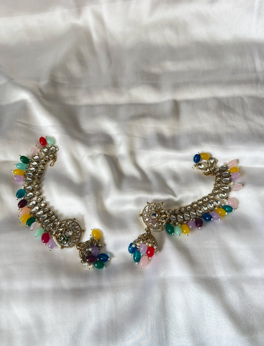 Multicolour Kundan Jhumka Earrings with Ear Chain