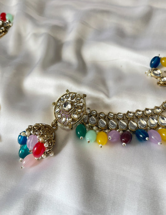 Multicolour Kundan Jhumka Earrings with Ear Chain