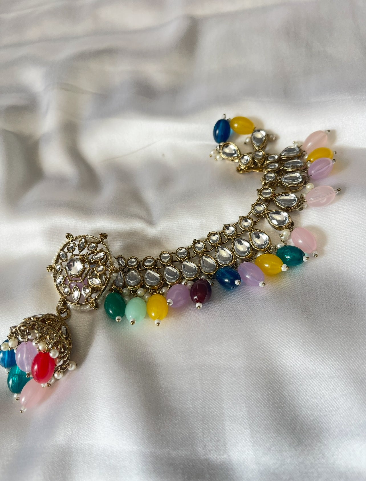 Multicolour Kundan Jhumka Earrings with Ear Chain