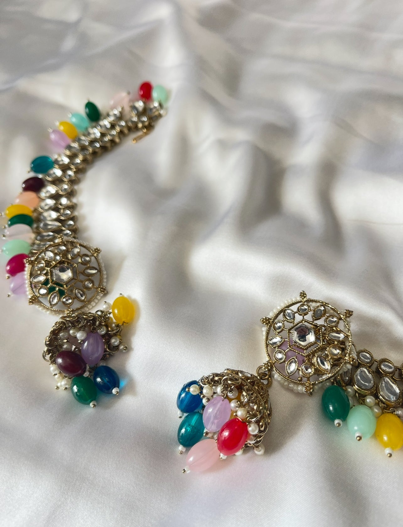 Multicolour Kundan Jhumka Earrings with Ear Chain