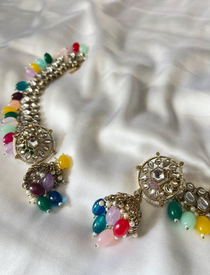 Multicolour Kundan Jhumka Earrings with Ear Chain