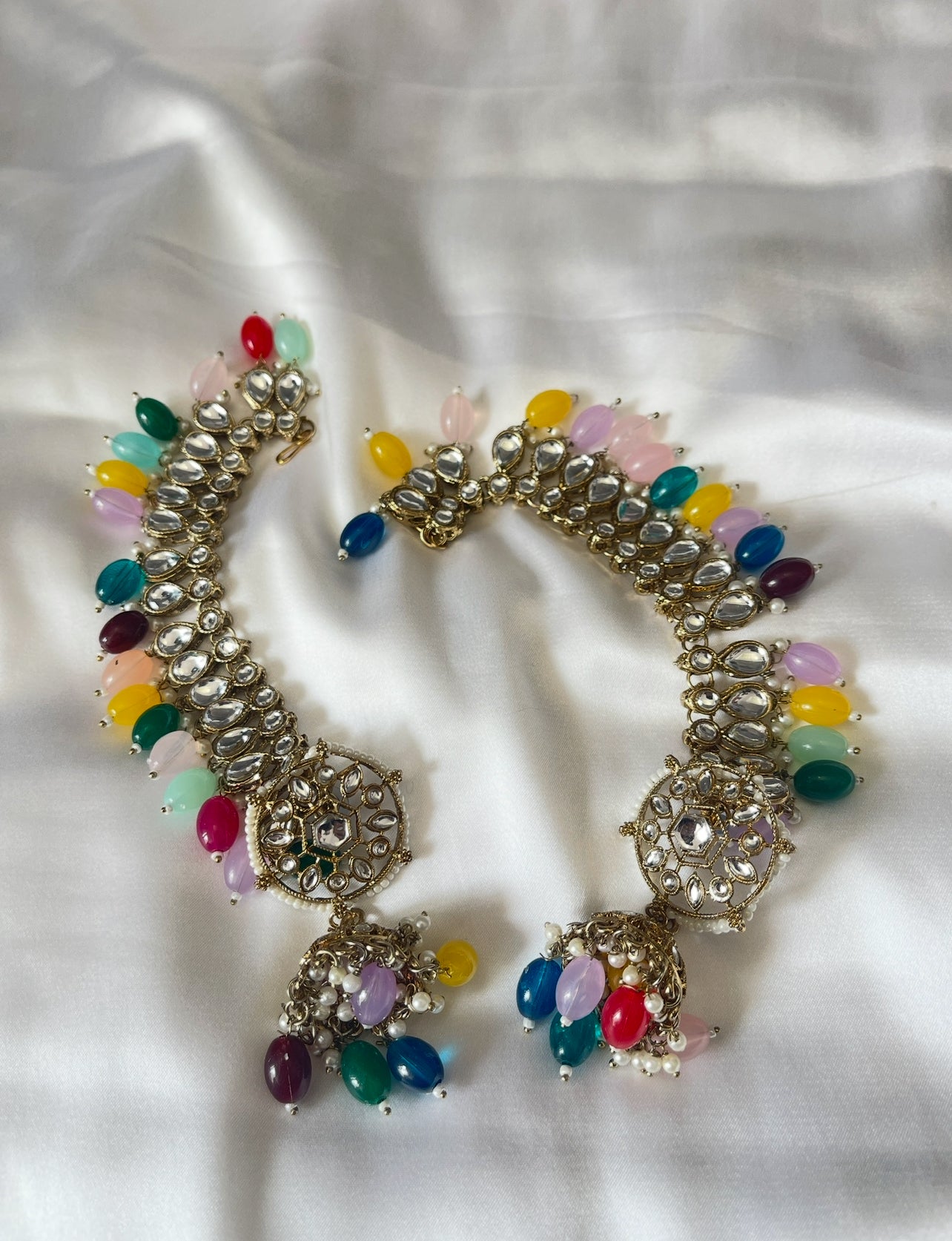 Multicolour Kundan Jhumka Earrings with Ear Chain