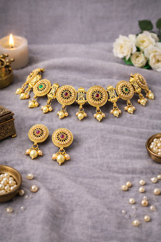 Antique Golden Look Pearl Choker Necklace Set